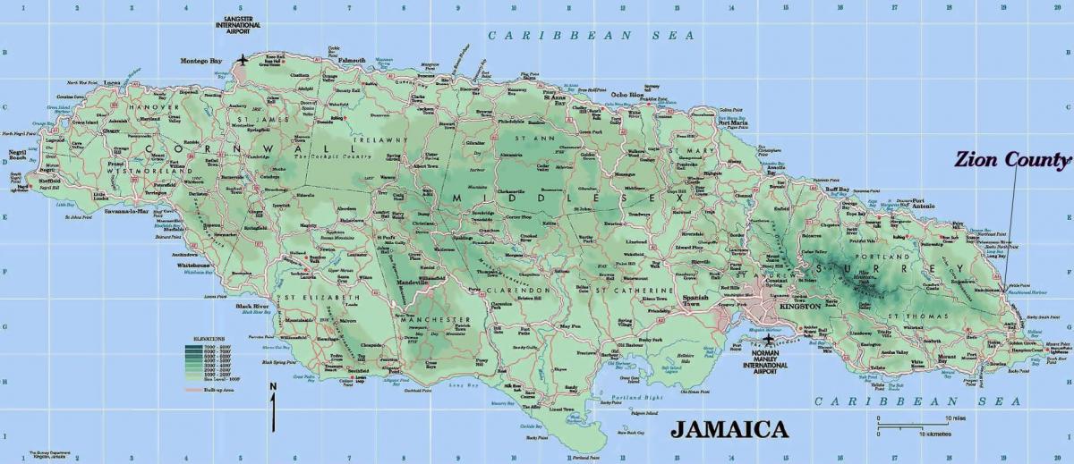 fizička karta Jamajka, pokazuju planine